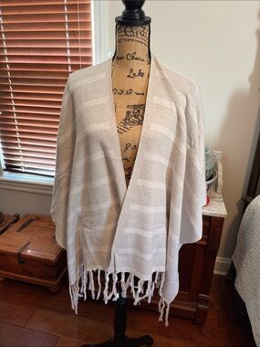 CAbi Cream Striped Open-Front Fringe Poncho